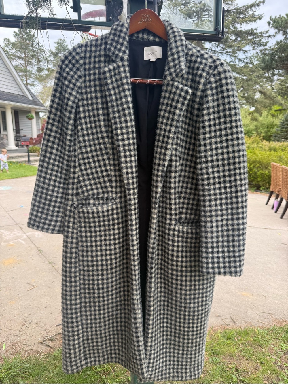 LOFT Black and White Houndstooth Long Trench Coat